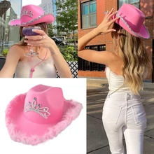Pink Cowboy Hat LED Tiara Women's Sequin Furry Decoration Fashion Party Cap Warped Wide Brim Western Style Cowgirl Hat Costumes