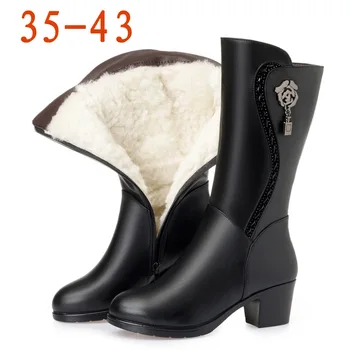 

2020 New Winter Cotton Boots Women's Boots Semi-High Heeled Middle Boots Thick Heel Wool plus Velvet Large Size Warm