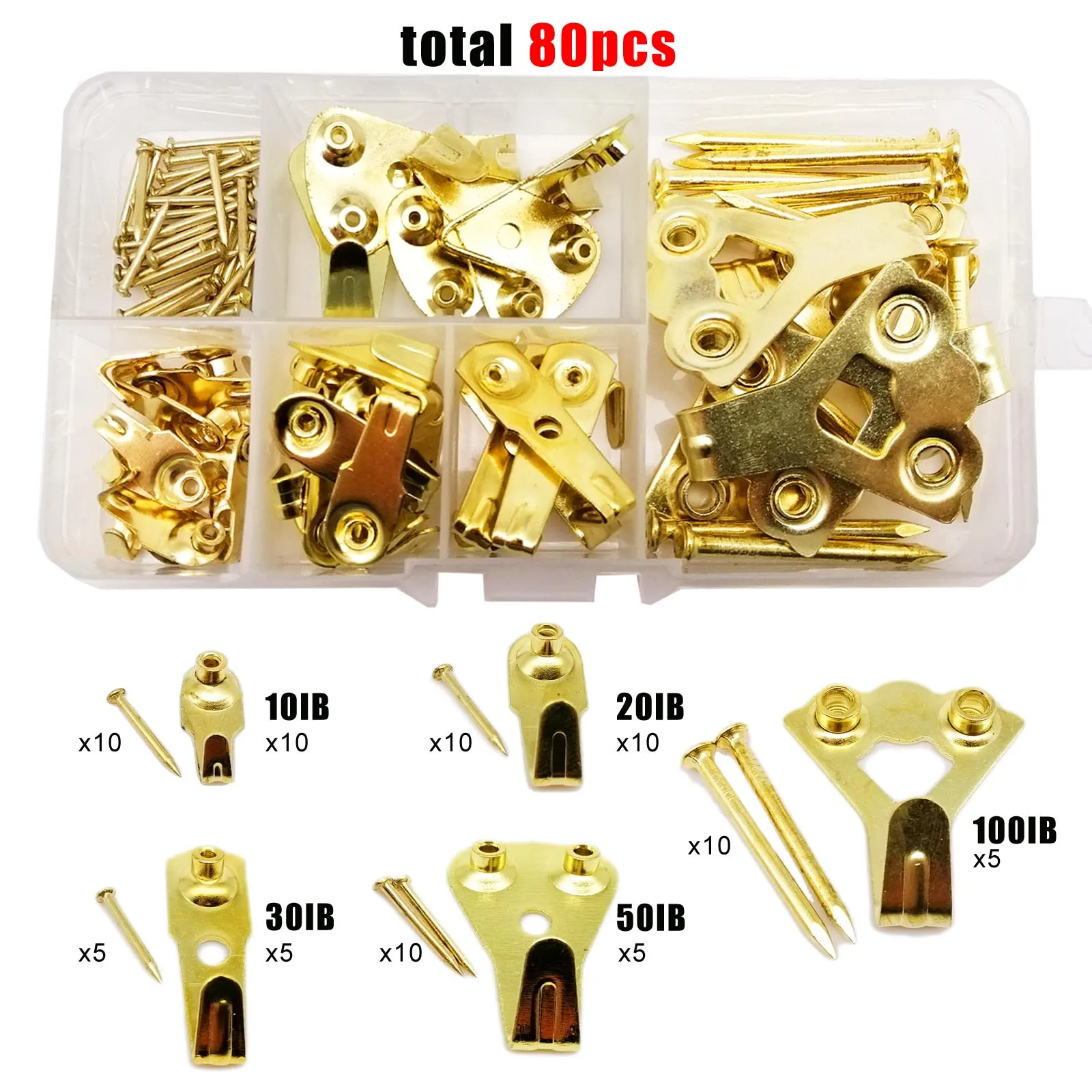 80pcs / Box High Strength Steel Metal Picture Photo Oil Painting Frame Clock Hard Wood Solid Wall Hook Hanger Assortment Kit Set wall hooks picture frame hangers hanging hooks