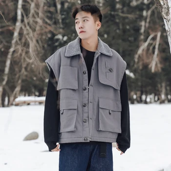 

2020 Spring New Korean Version Of Cotton Thickened Lapel Large Pocket Tooling Loose Solid Color Casual Vest Jacket