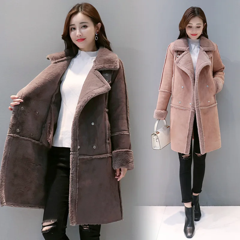 

2018 Winter New Style Suede Coat Women's Mid-length Korean-style Thick Suede Lambs Wool Fur Overcoat