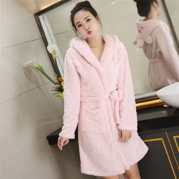 

Print Sleepwear For Womem Belt Kimono Robe Gown Negligee Coral Fleece Warm Home Clothing V-Neck Home Clothing Hooded Nightgown