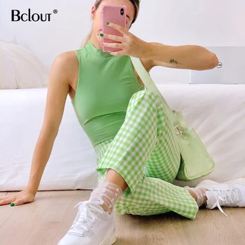 

Bclout Streetwear Plaid Print Pants Summer High Waist Green Straight Trousers Women 2020 Casual Cotton Long Pants Clothes New