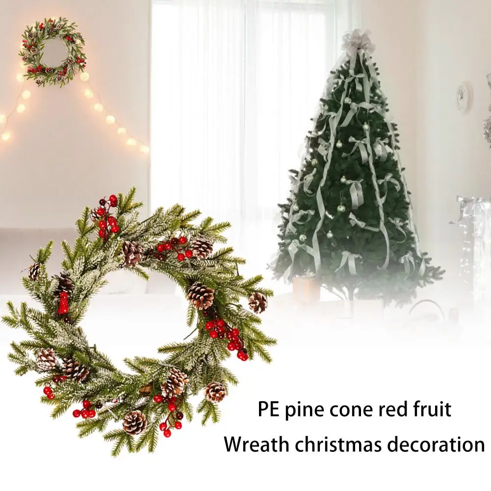 

Christmas Garland PE Pine Cone Red Fruit Wreath Romantic Christmas Decoration White Flocking Pendant With Frost Ornaments Arts