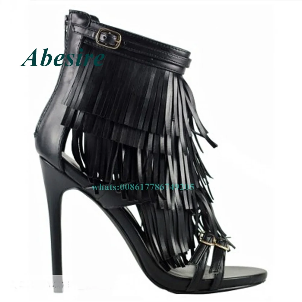 

New Design Women Fashion Open Toe Black Blue Leather Tassels Gladiator Sandals Cut-out Super High Heel Sandals Dress Shoes