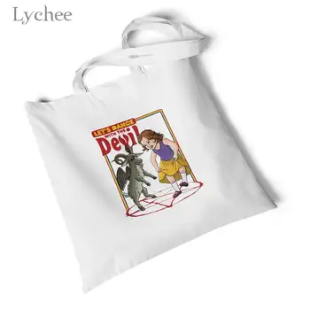 

Lychee Harajuku Devil Printed White Canvas Bag Environmental Reusable Original Handbag Storage Foldable Large Shoulder Bag