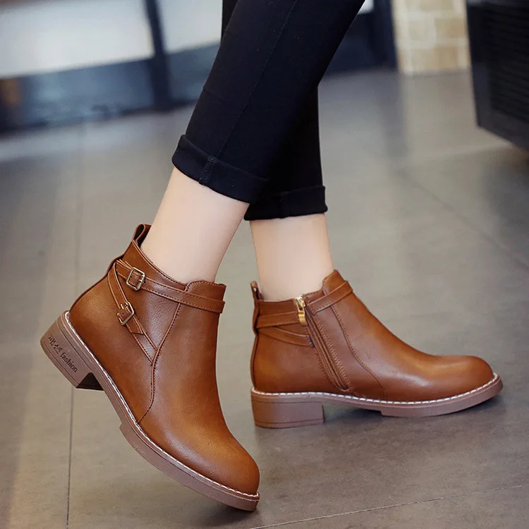 

New Fashion European Style Black Ankle Boots Flats Round Toe Back Zip Martin Boots PU Leather Woman Shoes With Zapatos De Mujer