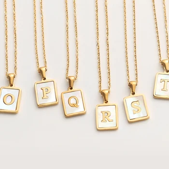 Peri'sBox A-Z Alphabet Square Initial Necklaces Natural Shell Letter Necklaces for Women Minimalist Stainless Steel Jewelry 2020