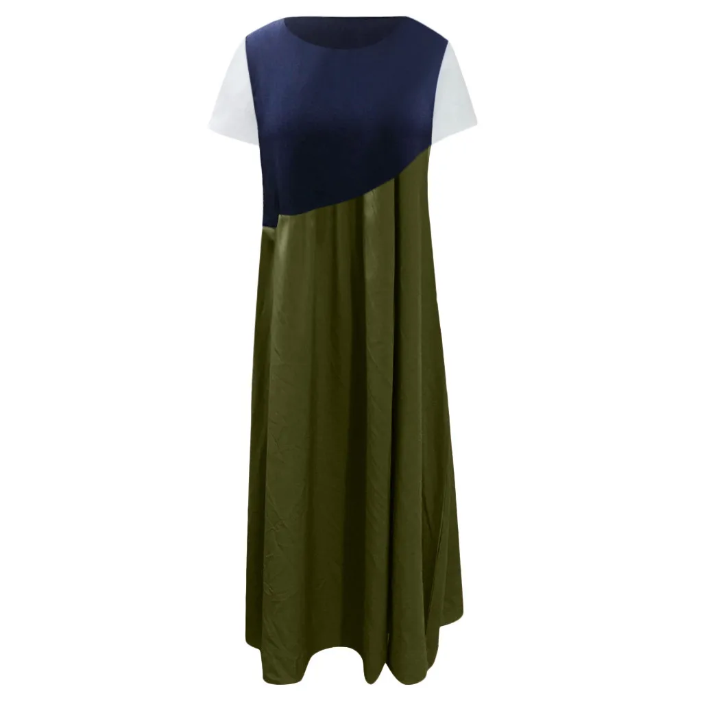 Army Green Новое винтажное платье vestidos, женское модное Повседневное платье с коротким рукавом и круглым вырезом, длинное платье с цветными блоками, женское платье#818 - Цвет: Army Green
