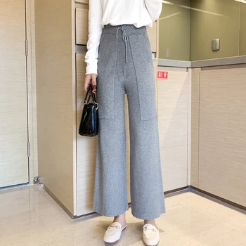 

Genayooa Women Knitted Pants High Waist Trousers Women Casual Loose Wide Leg Pants Elastic Waist Pants 2019 Winter Autumn