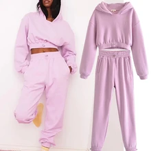 

Jenny&Dave England Style Streetwear Winter Solid Short Hoodies Hooded Sweatshirt Women Collect Wasit Harem Jogger Pants Sets