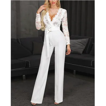 

Goocheer Women Plunge V-neck Lace Bodice Insert Bodycon Wide Leg Jumpsuit Solid Casual Elegant White Long Sleeve Jumpsuits