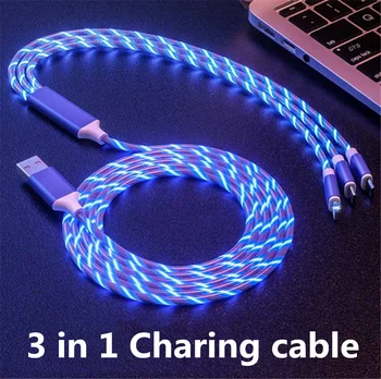 

2pcs Colorful Streamer Cable 3 IN 1 Fast Charging Micro USB Type C Cable LED Wire Cord Phone Charger For Iphone Android Samsung