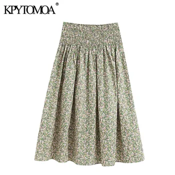 

KPYTOMOA Women 2020 Chic Fashion Floral Print Pleated Midi Skirt Vintage Smocked High Elastic Waist Female Skirts Faldas Mujer