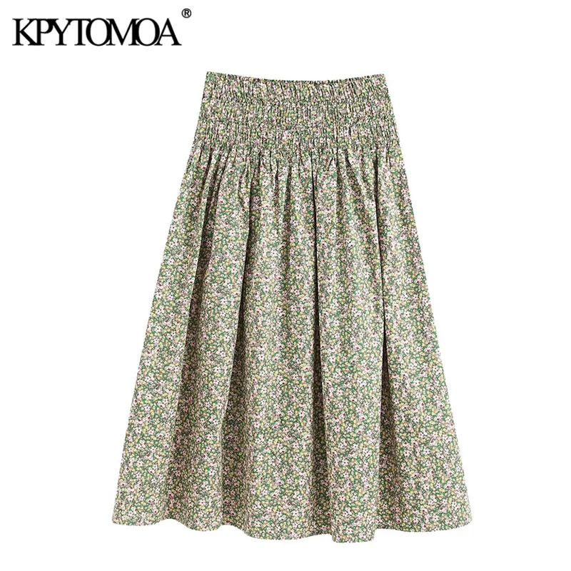 KPYTOMOA Women 2020 Chic Fashion Floral Print Pleated Midi Skirt Vintage Smocked High Elastic Waist Female Skirts Faldas Mujer KPYTOMOA Women 2020 Chic Fashion Floral Print Pleated Midi Skirt Vintage Smocked High Elastic Waist Female Skirts Faldas Mujer