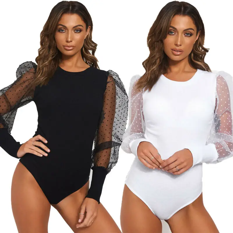 

Ladies Women Bodysuit Solid White Black Puff Long Sleeve Jumpsuit Round Neck Pullover Casual Shirts Mesh Leotard Slim Tops