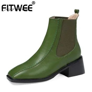 

FITWEE Real Leather Woman Ankle Boots Elastic Thick High Heel Winter Shoes Women Warm Slip On Short Boot Footwear Size 33-40