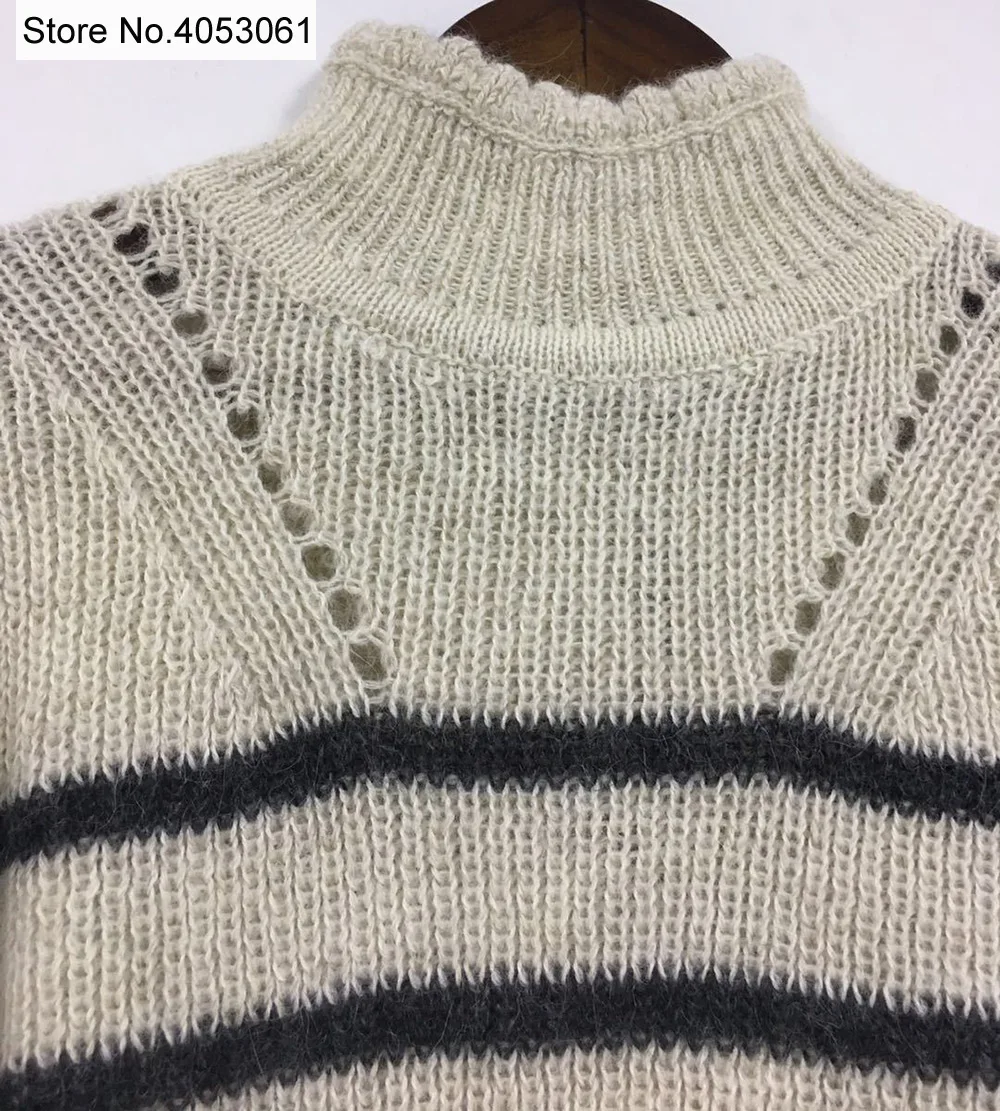 Женский шерстяной свитер с контрастной полосой и вырезами, вязаный свитер с пышными рукавами и высоким воротником, топ-Женский вязаный джемпер, пуловер, Топ