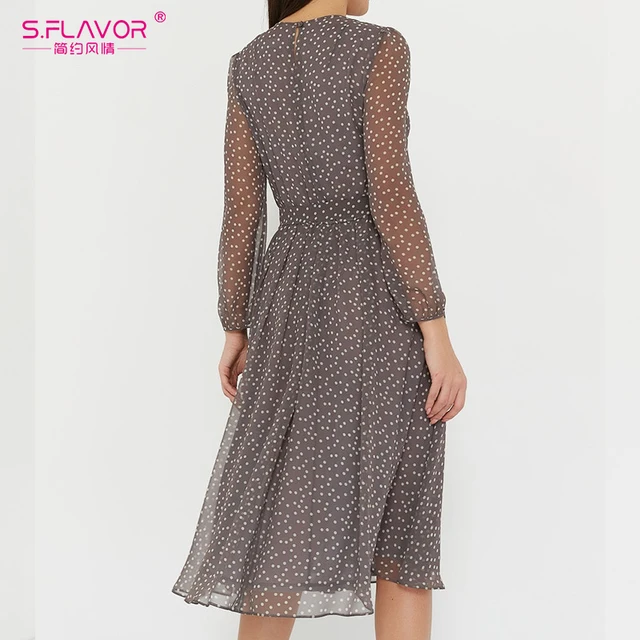 S.FLAVOR Elegant Dot Print Long Sleeve Summer Dress O Neck Chiffon A Line Women Casual  Autumn Dress Vintage Midi Vestidos 2