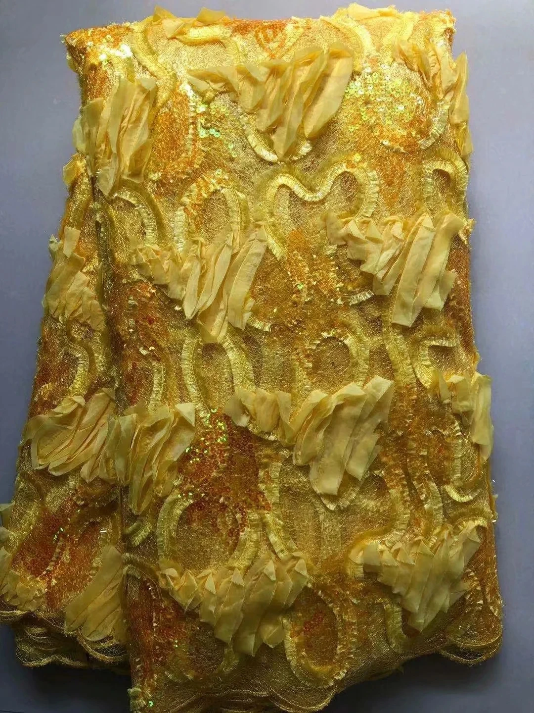 

3D Flower Nigerian Tulle Lace Fabric High Quality African Mesh Lace Fabric With Sequins For Sewing Dress
