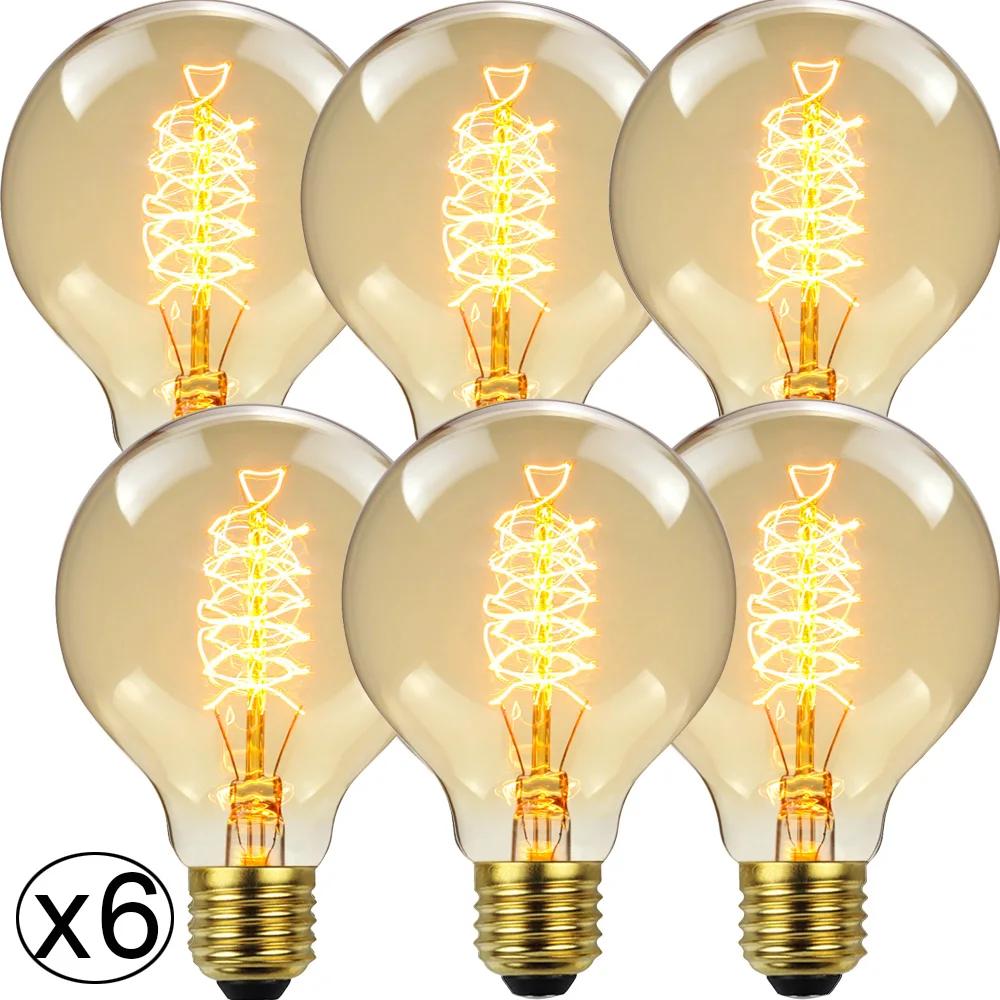 TIANFAN 6pcs Pack Edison Bulb G80 Spiral Retro 40W 220V E27 Globe