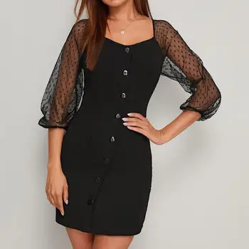 

Elegant Square Collar Lantern Sleeve Slim Mini Dresses for Women Three Quarter Mesh Sleeve Buttons Office Dress #20