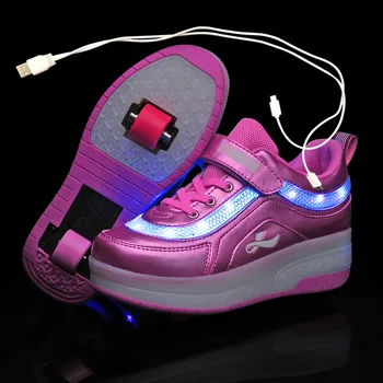 

Children Two Wheels Luminous Glowing Sneakers Black Pink Led Light Roller Skate Shoes Kids Led Shoes Boys Girls USB Charging