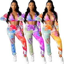 

HAOOHU Active Wear Tie Dye Print Women's Set Hooded Zipper Sweatshirts Jogger Pants Suit Tracksuit Two Piece Set Fitness Outfit