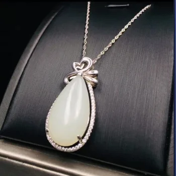 

Natural Chinese HeTian 925 Silver White Jade Water Drop Pendant Necklace For Women Charm Jewelry