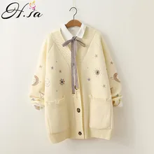 H. SA женский зимний свитер вязанные кардиганы с v-образным вырезом Звезды Луна вышивка длинный свитер куртка Розовые рождественские кардиганы