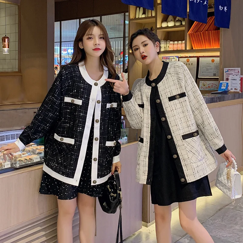 

2019 Winter New Style Korean-style Contrast Color Tweed Plaid Graceful Cropped Jacket Blouses