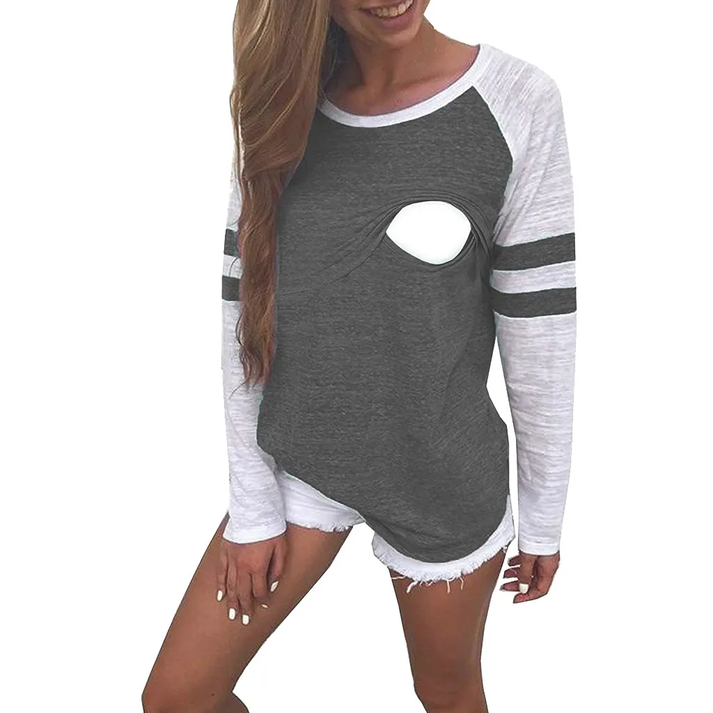 Для женщин для беременных, с длинным рукавом кормящих лоскутное Цвет Топы Блузка для кормления грудью белье ухода за кожей для будущих мам рубашка кормления schwangerschafts Топ