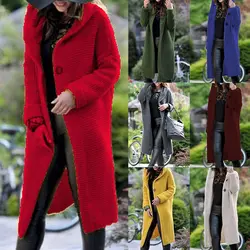 2019 осенне-зимние женские пальто кардиган однотонный длинный свитер с капюшоном Женский Плюс Размер 3XL Повседневные вязаные свитера