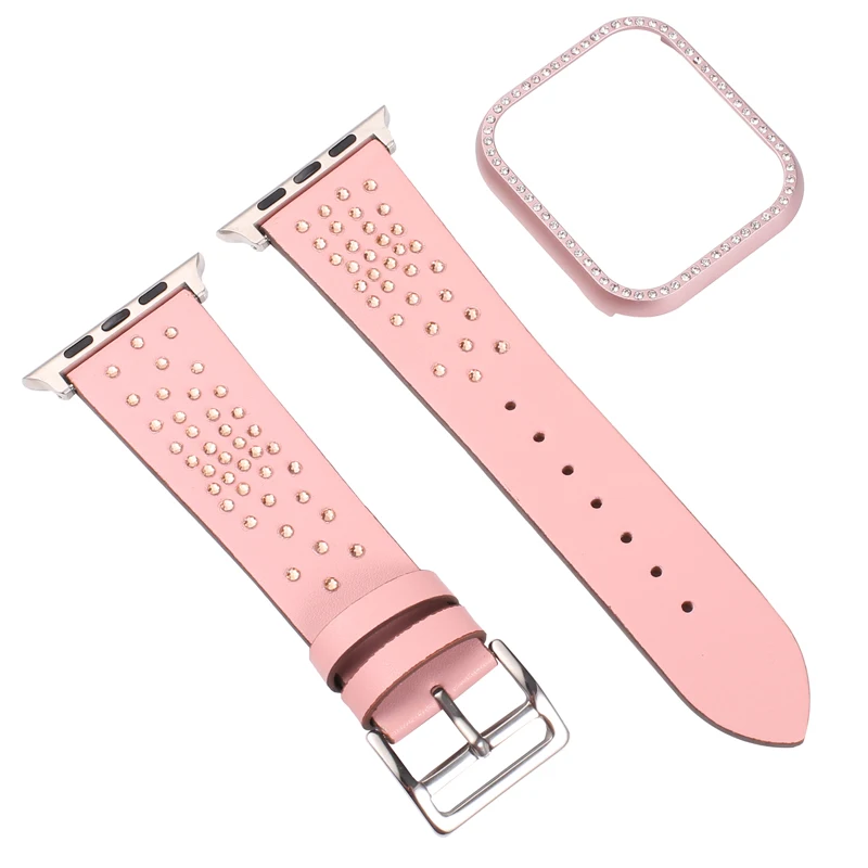 Pink Кожаный браслет с алмазами ремешок+ чехол для apple watch 4 44/40 мм защитный бампер крышка аксессуар для iWatch серии 3 2 1 42/38 мм - Цвет ремешка: Pink