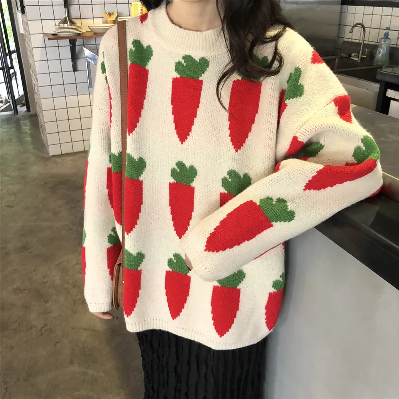 

Cute Sweater Women 2020 Winter Korean Style Kawaii Carrot Pattern Casual Oversized Long Sleeve Knitted Pullover Jumper Tops T368