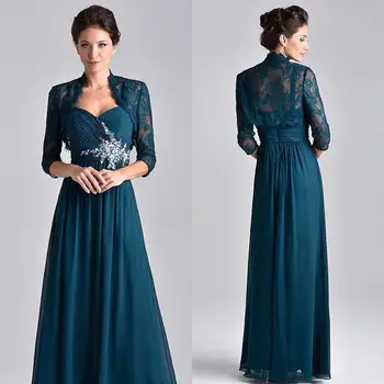 

Blue Green 2 Pieces Mother of the Bride Dresses With Jacket Wedding Evening Dress Chiffon Lace Beaded Mother Gowns Half Sleeves