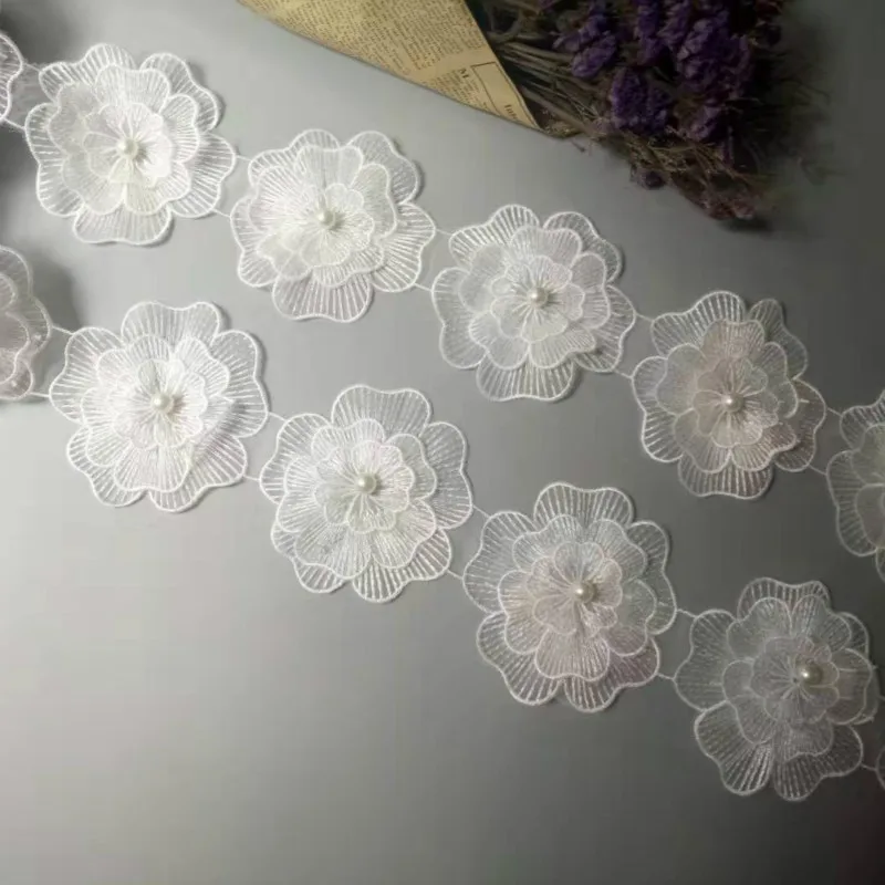 1 yard White Big Flower Pearl Beaded Embroidered Lace Edge Trim Floral Applique Patches Fabric Sewing Vintage Wedding Dress 10cm