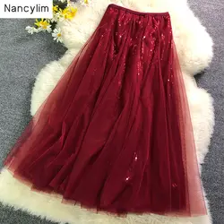 Макси-красная сетчатая юбка женская тонкая винно-красная юбка с блестками, длинный подол, длинная юбка лето-осень 2019, женские вечерние юбки