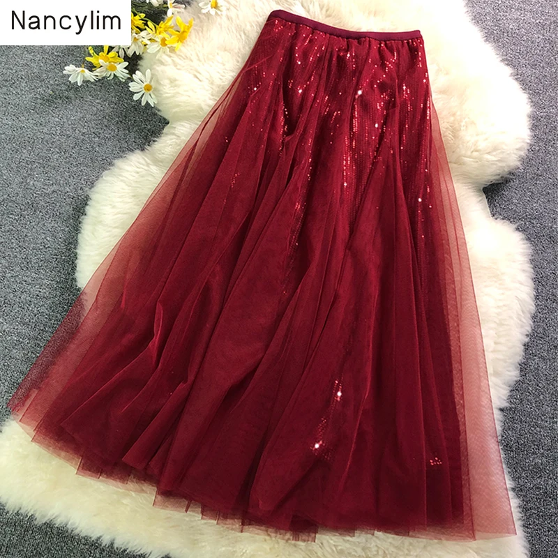 

Maxi Red Mesh Skirt Woman Slim Wine and Red Sequins Stitching Large Pendulum Long Skirt Summer Autumn 2019 Lady Party Skirts
