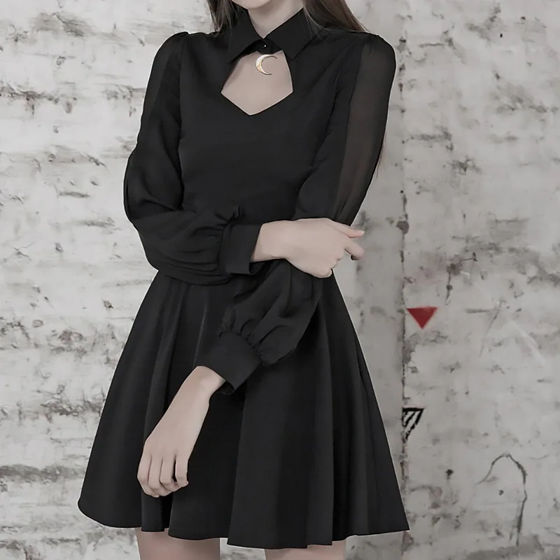 

New Dark Punk Style Gauze Mesh Stitching Hollow Crescent Decoration A-line Dress Women Gothic Black Dress with Long Sleeves