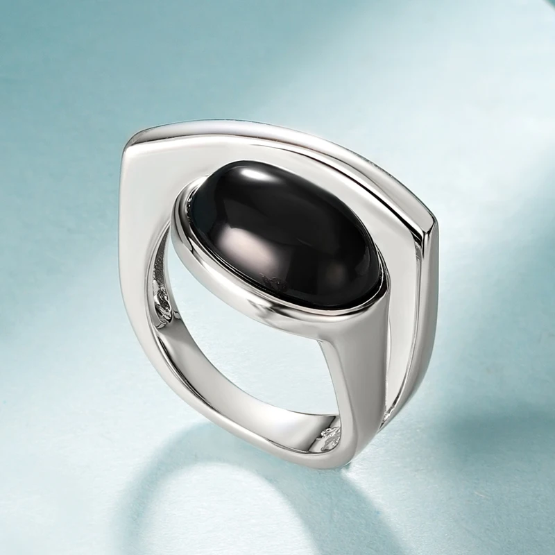 Silver Black Agate Powder Glass Ring, Irregular Design Neutral Finger Ring