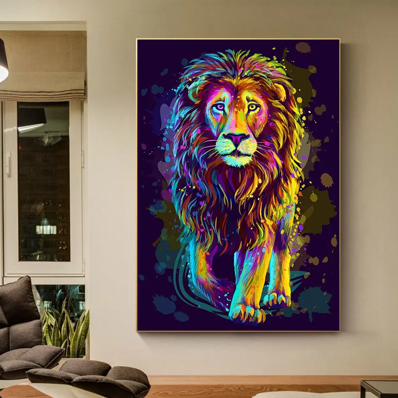 Colorful Lion Painting Canvas Animals Abstract Pictures Art Home Decor 