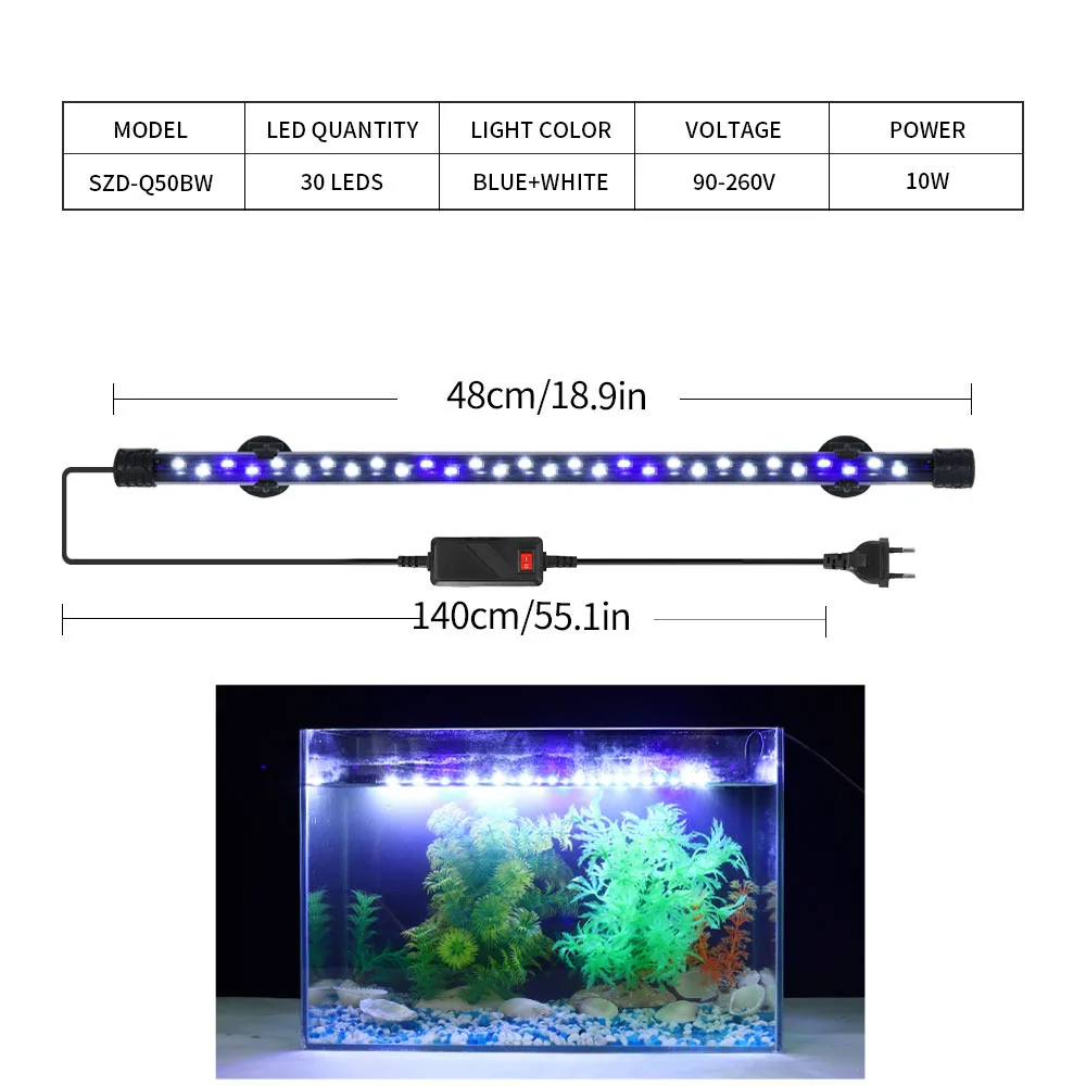 LED Fish Tank Light Indoor Aquarium Decor Lighting Aquatic Lamp Plant Lamp Waterproof Clip Fixed Fish Light 18-58CM 220V EU Plug