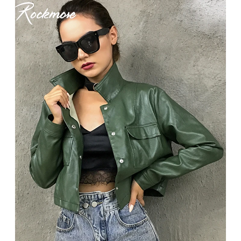 Rockmore/винтажная куртка-бомбер из искусственной кожи женские осенние куртки с воротником-стойкой Harajuku уличная укороченная куртка с длинными рукавами