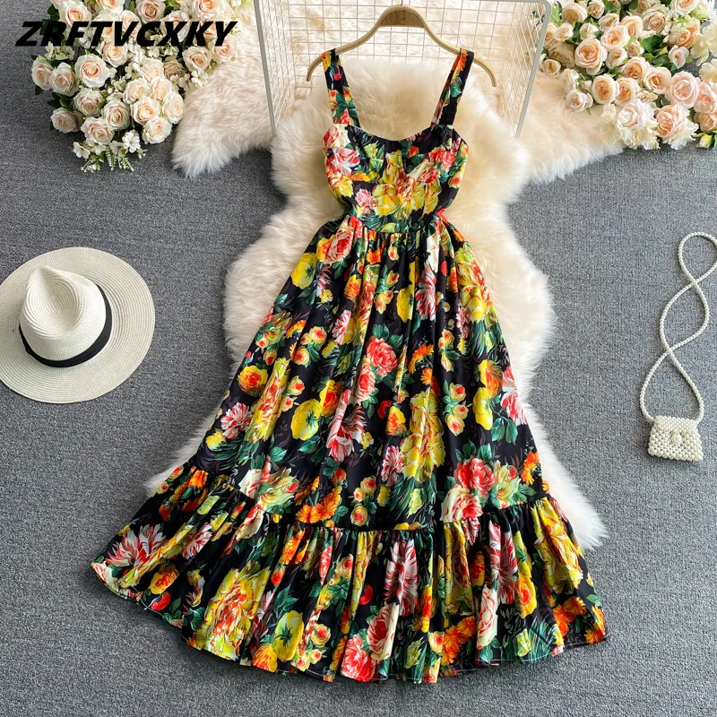 

2022 Runway Summer Spaghetti Strap Long Dress Women's Sexy Cool Off Shoulder Florl Print Blackless Ruffles Beach Dresses Vestido