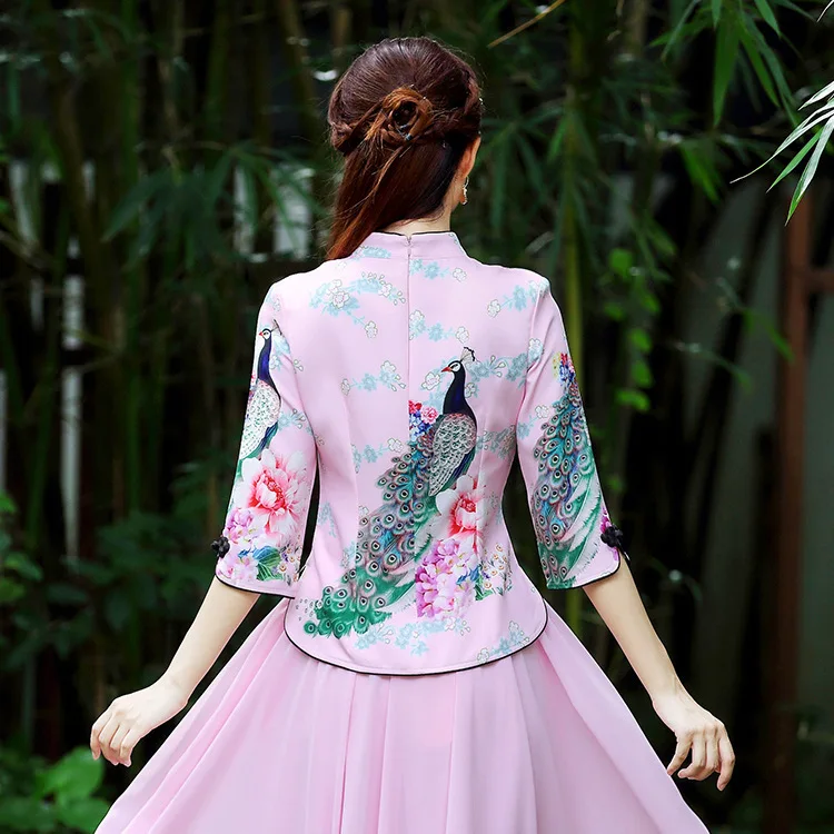 SHENG COCO S-4XL блузка Китайский традиционный Чонсам блузка принт павлинье перо Qipao женские футболки улучшить Moden Hanfu