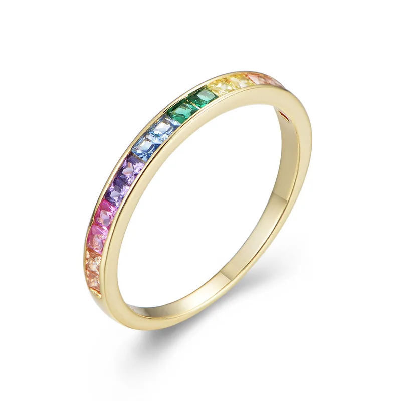 

Trendy Square rainbow 925 sterling rings inlay Colorful micro zircon Tiny rings for women fine jewelry wedding gifts