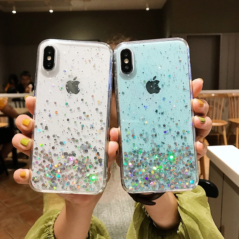 

Glitter Bling Sequins Case For iphone 8 7 Plus 6 6s Epoxy Star Transparent Case For iphone X XR XS MAX 10 Soft TPU Cover
