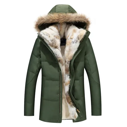 Raccoon Fur Warm White Duck Feather Coat Long Winter Jacket Man& Women Down Parka Plus Size Nice Rabbit Hair Hooded Outerwear - Цвет: Армейский зеленый
