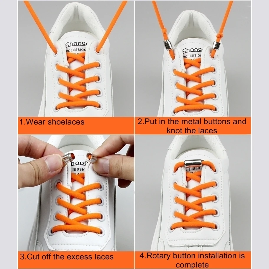 1Pair No tie Round Elastic Shoelaces Special Metal Lock for Men Women